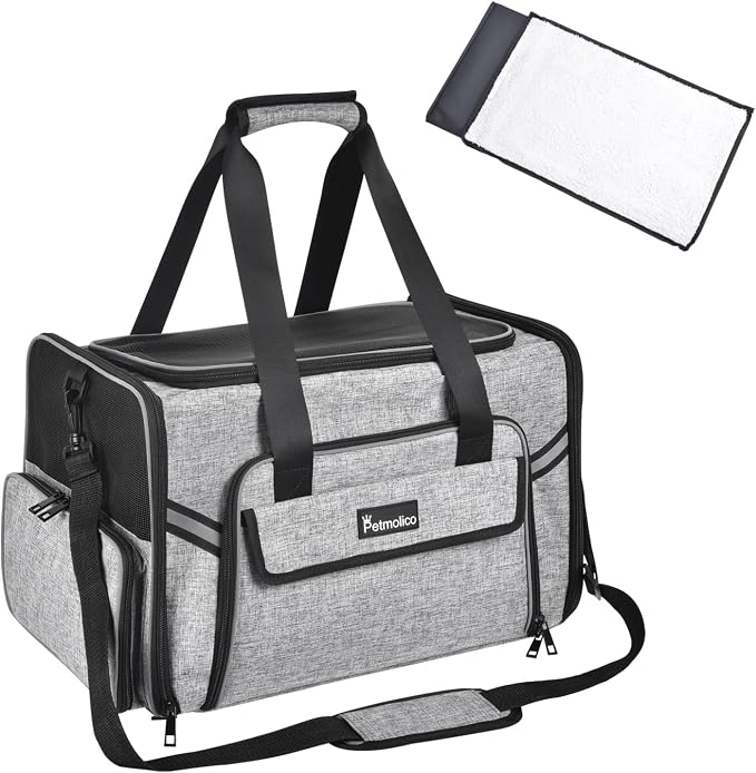Petmolico Cat Carrier Soft-Sided Airline Approved, Medium, Grey-X862 | For small/medium cats & puppies up to 16 lbs, 3 open doors, travel-friendly pet bag