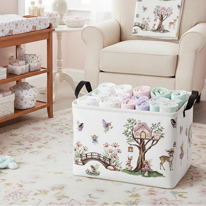 Kid Cute Rectangle Storage Basket Baby Toy Clothes Storage Bin Nursery Playroom Bedroom Decor Basket (Pink Tree House Flower Fairy)