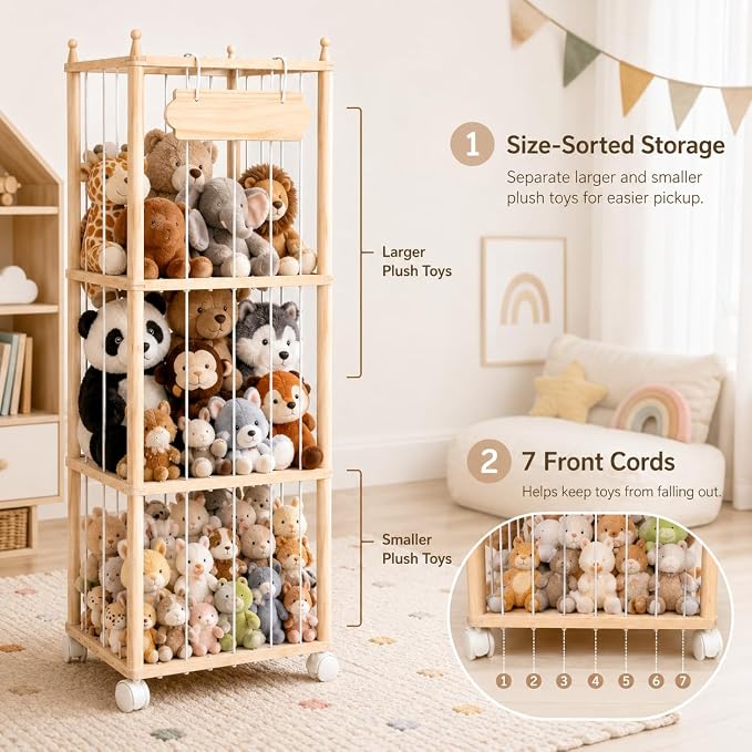 TANONE Stuffed Animal Storage with Wheels - Large Stuffy Storage for Kids | Wooden Stuffed Animal Organizer with Separate Sections for Large and Small Plush - Zoo Hodler Tower for Playroom and Nursery
