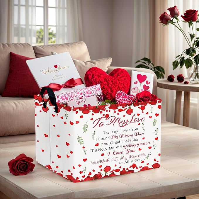 Cute Large Valentine's Day Gift Basket Empty Heart Decor Storage Bin for Kid Baby Room Décor (Rose Petals Love)