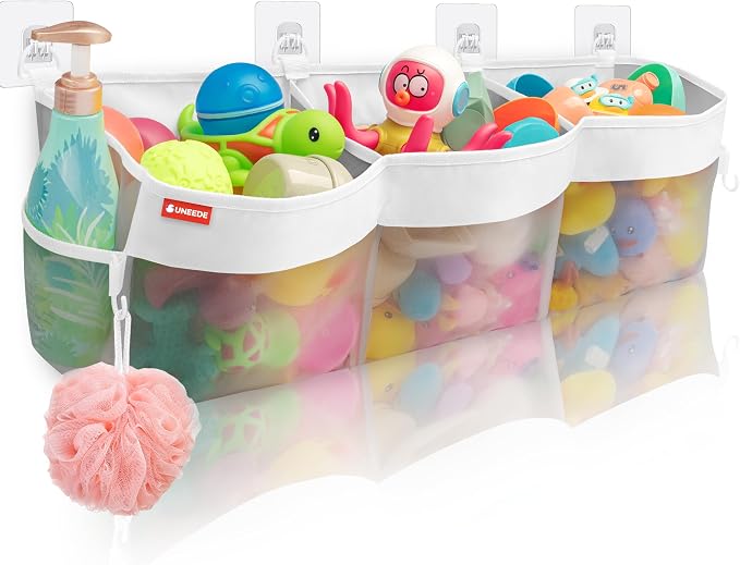 UNEEDE 4.95 Gallons 3 Compartment Horizontal Bath Toy Storage | Bathtub Toy Storage Organizer,Bath Toy Holder For Bathtub,Baby Bath Toy Organizer For Tub,Mesh Shower Caddy(Gray)