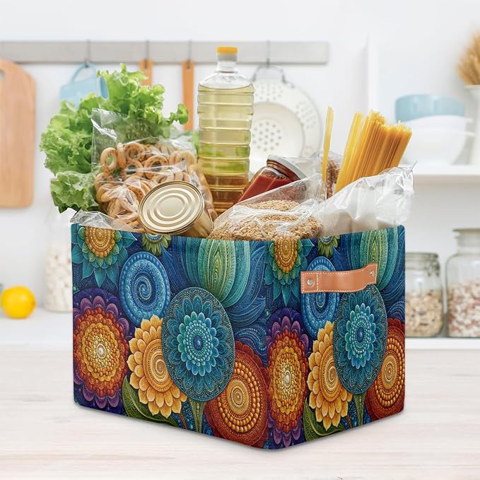 Mandala Basket Storage Bins Rectangle Canvas Basket Cube Storage Box | Nursery Foldable Basket with Handle for Kids Girls Boys Toys Living Room Closet Organizer Shelf Gifts Colorful Bohemian