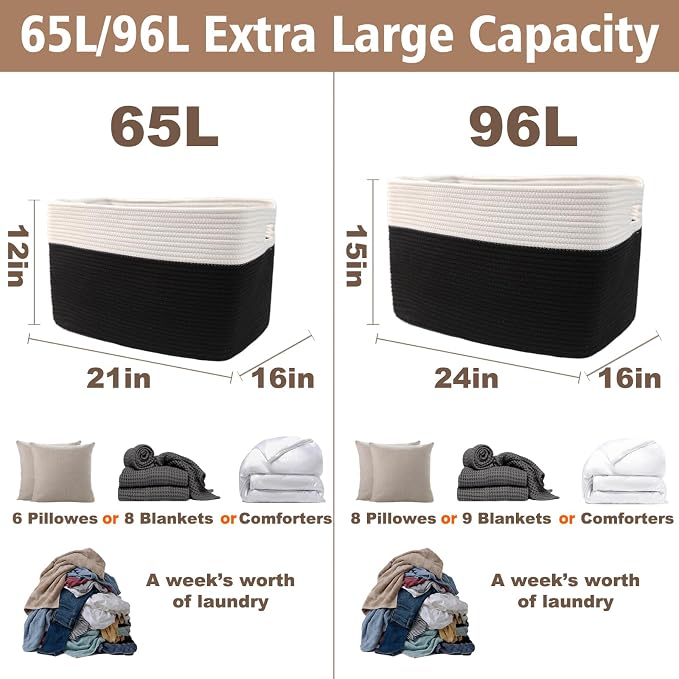 JMvicyroam 96L Large Woven Cotton Rope Blanket Basket, White&Black | Blanket storage for living room or bedroom use, Freestanding with reinforced handles, Entire basket is machine washable