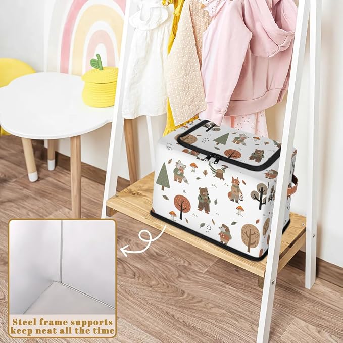 Wolf Bear Hedgehog Storage Baskets - Cute Animal Plants Bin Collapsible Organizer Cube with Zipper Lid, Mushroom Leaves Tree Box with Handles for Home Bedroom Office, 24L