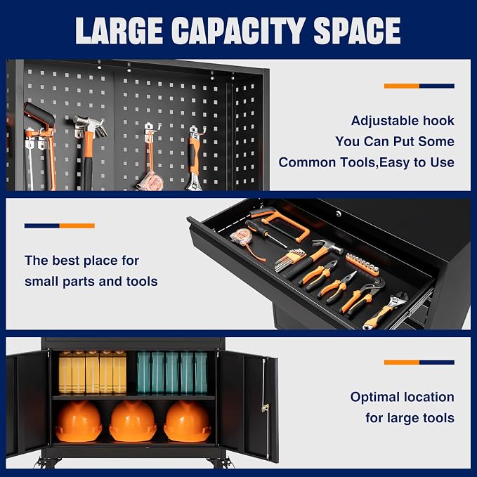 Metal Garage Storage Cabinet with Wheels,3-Drawer Rolling Tool Cabinet with 2 Door and Adjustable Shelves,- 71" Steel Tool Cabinet for Warehouse,Garage,Workshop