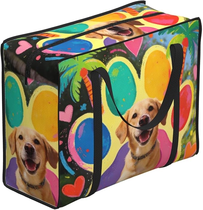 Moving Supplies Packing Bags Pet Colorful Doodle Paw Hearts Dog, Heavy Duty Oxford Fabric Clothes Storage Bags with Zipper Closure for Moving & Storage