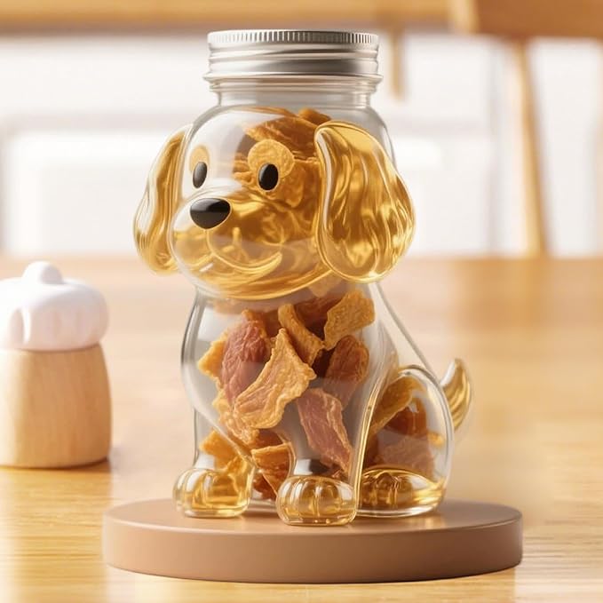 Pet Treat Jar, Little Golden Retriever Shape Dog Cookie Jar with Lid, Airtight Glass Snack Container for Cookies, Coffee Pods, Pet Treats, Indoor Decorations