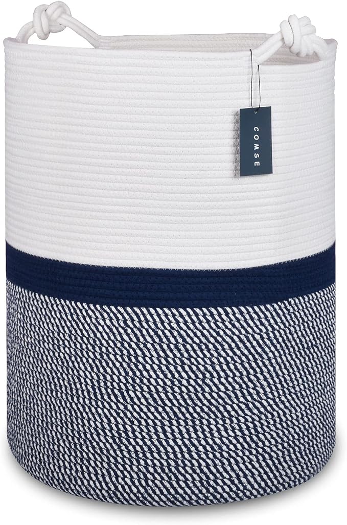 COMSE Tall Woven Blanket & Laundry Basket, 72L, Blend White & Navy Blue | 15.7”x 21.7”, Cotton Rope, Large Nursery Hamper for Storage of Toys Clothes Towels, Great for Living Rooms Bedrooms Bathrooms