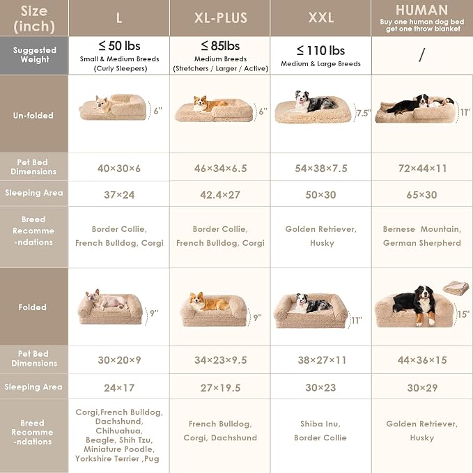 EHEYCIGA Foldable XXL Dog Bed for Large Sized Dog - 54x38x7.5, Camel | Faux Fur Fluffy Pet Couch Bed, Orthopedic Calming Memory Foam Big Pet Bed, Washable Pet Sofa Bed with Non-Slip Bottom
