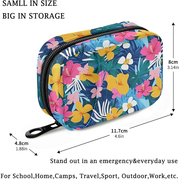 Fustylead Beautiful Colorful Tropical Hibiscus Floral Pill Organizer for Purse, Weekly Portable Pill Box with Zipper to Storage Vitamins Fish Oils Medications Supplements