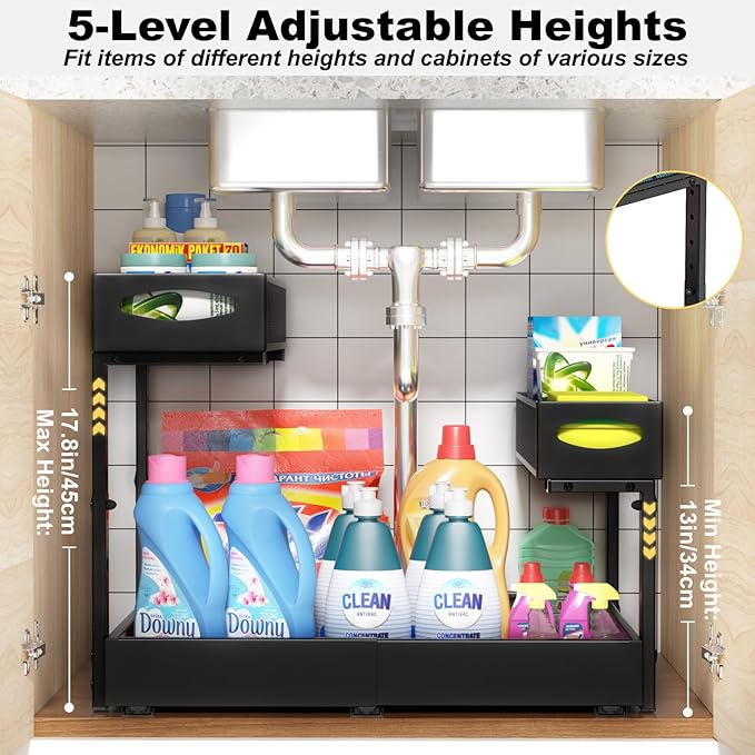 Housolution Pull Out Under Sink Organizer | 14"-21" Width Expandable & 13"-17" Height Adjustable