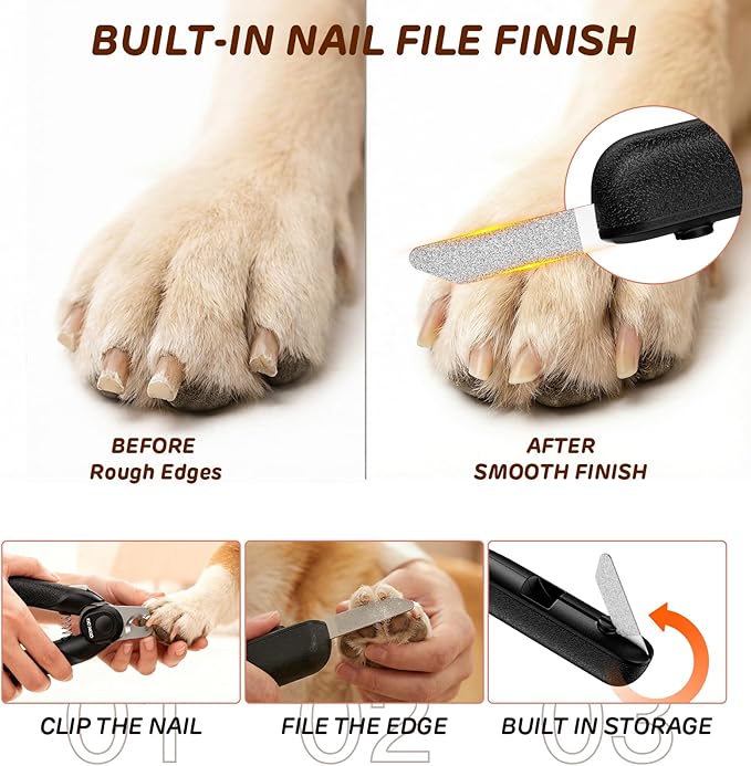 Dual-LED Pet Nail Clippers with Stepless Brightness Adjustment, Side Lock & Retractable File, Anti-Slip Handles for Dogs and Cats (Black)