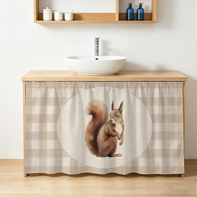 Squirrel Plaid Sink Skirt for Bathroom, Self-Adhesive Under Sink Curtain, Rustic Farmhouse Checkered Retro Animal Hide Pipes & Storage Fabric Cabinet Skirt Cover for Kitchen Laundry 32"x55"