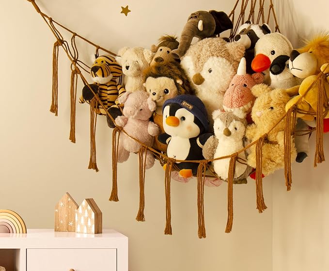 mirolam Stuffed Animal Hammock-Large Stuffed Animal Net For Toys Corner-Hanging Stuff Animal Toy Storage Organizer For Plush Plushie Display Caramel Toy Storage Girl Room Bedroom Boho Nursery Decor