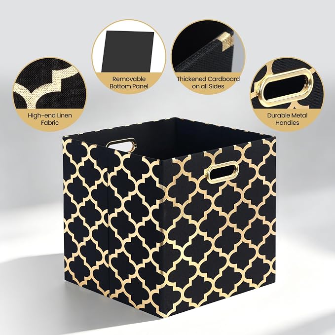 Posprica 11x11x11 Storage Cube Bins, Collapsible Storage Bins Fabric Storage Cubes Organizer Baskets Box Drawers for Shelves, Closet, Wardrobe, Bookshelf, Cabinet (Set of 4, Black/Gold lantern)