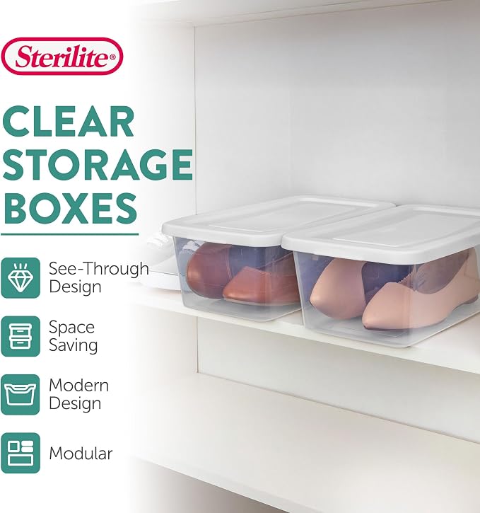 Sterilite 6 Quart Storage Box, Clear Plastic with White Snap Lid, 12 Pack