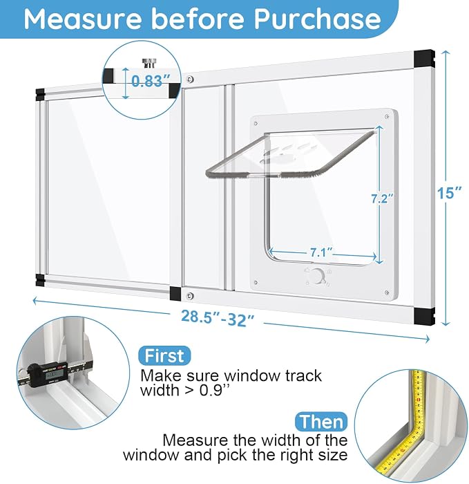Sliding Cat Door for Window, Fits 28.5"-32" Width Window, 1-Min Install | Aluminum Frame + HD Glass | Weatherproof Design | Magnetic Closure Window Cat Door Insert, Adjustable Pet Door Window for Cats