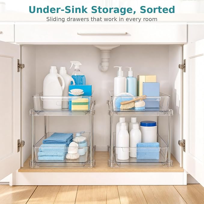 4 Pack Under Sink Organizers and Storage, 2 Tier Clear Pull Out Drawer Organizer for Bathroom Vanity and Kitchen Cabinet, Stackable Slide Out Bins, No Tool Set Up, 11.8"x6.9"x11.8"