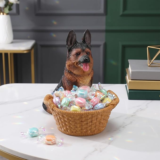 Cute German Shepherd Candy Bowl, Resin Dog Figurine Key Bowl for Entryway Table, Desktop Storage Basket Organizer for Desk, Unique Dog Lover Gift