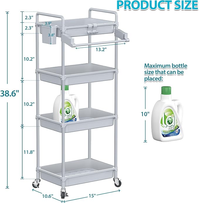 SPACEKEEPER Rolling Storage Cart, 4-Tier Bathroom Organizer Utility Cart Laundry Room Organization Mobile Shelving Unit with Towel Rack, Lockable Wheel, Hooks & Cup for Kitchen Bedroom Office, Grey