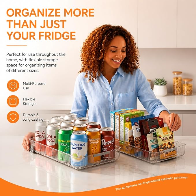 2 Pack Profile Fridge Organizer Bins with Wheels, 2.3'' Low Clear PET Roll Out Refrigerator Trays with 4 Dividers for Soda Cans, Drinks, Snacks and Pantry