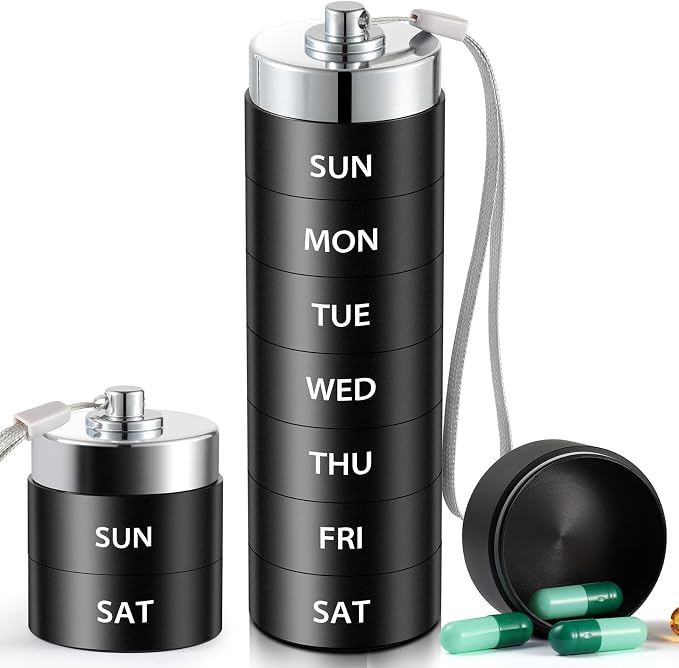 Metal Travel Pill Organizer, Large Weekly Pill Box, 7 Day Pill Container | OUVBTX Aluminum Alloy Pill Case, Portable, Waterproof, Stackable, Daily Medicine Holder for Vitamin, Fish Oil, Supplement