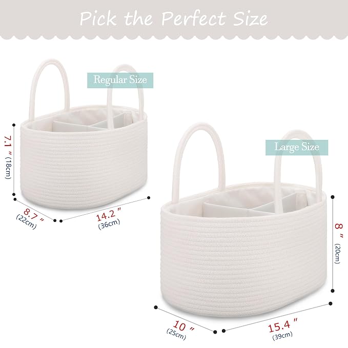 COMSE Large Cotton Rope Baby Diaper Caddy Organizer with Handles, White