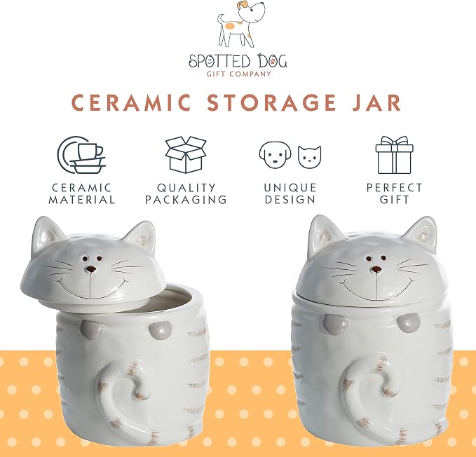 SPOTTED DOG GIFT COMPANY Ceramic Jar with Lid for Countertop, Cat Treat Container, Cute Decorative Kitchen Storage Jar for Tea Coffee Sugar, Gifts for People Who Love Cats, White 16oz