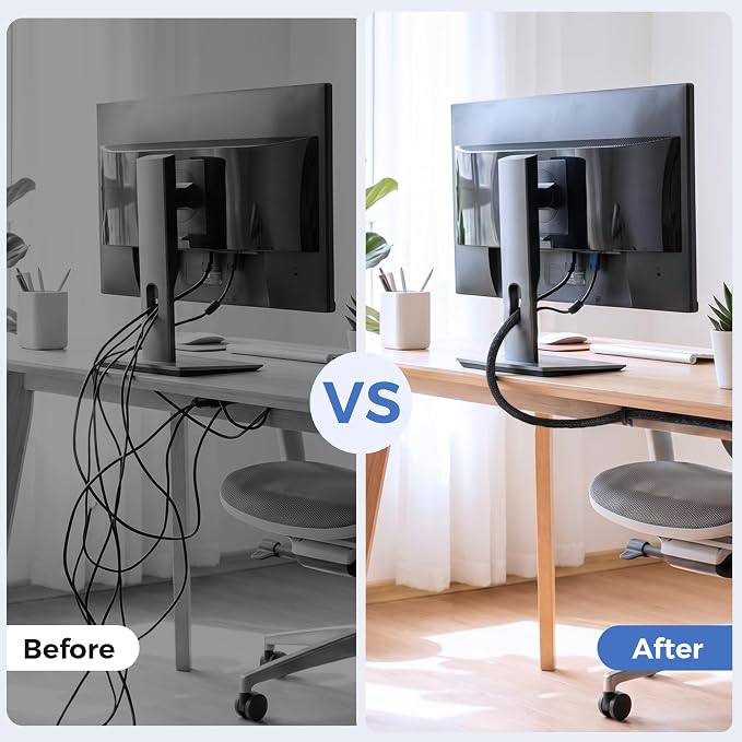 Delamu 30ft - 1/2 inch Cable Sleeve Cord Protector from Pets No Chew, Split-Braided PVC Wire Loom Tubing for Desk Computer USB TV Cord Organizer, Easy Set-up Cable Management Sleeve Kit, Black