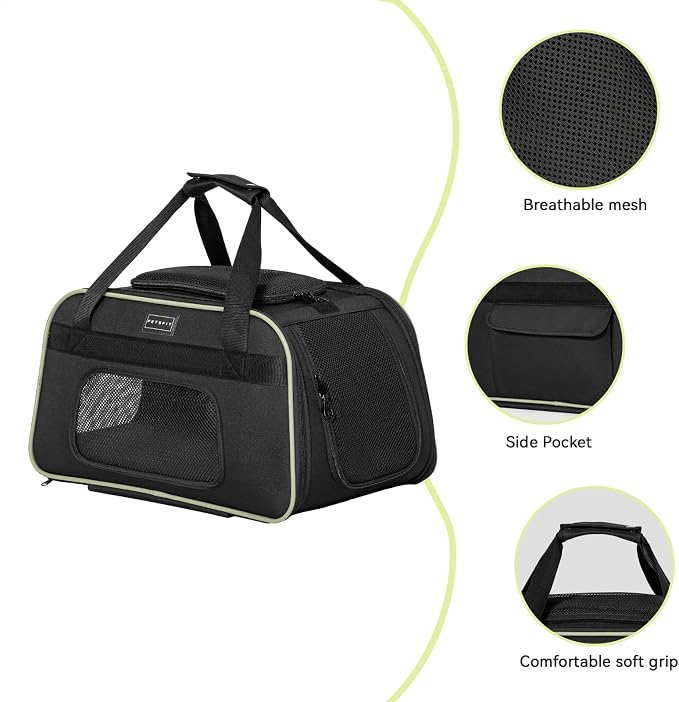 Petsfit Cat Carrier with Wheels, Removable Spinner Wheels, Up to 13 lb | Fits pets up to 15 L x 8 H in and 13 lb; removable spinner wheels, anti-sag frame, 4-sided mesh, safety tether and locks.