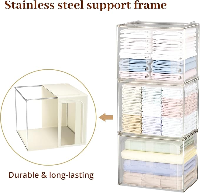 Clothes Storage Bins with Metal Frame, 4-Pack foldable storage bins with Lid, Closet Organizer for Sweaters, Blankets, and Winter Clothes,66L