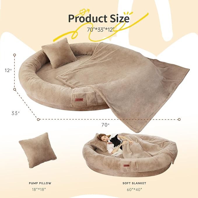 Fvkind Human Dog Bed for Adult, XXL Dog Bed, 70"x33"x12", Khaki | Human Size Dog Bed, Thick Supportive Egg Crate Foam, Faux Fur Cover, Adult Dog Bed for Humans, Blanket and Pillow Included