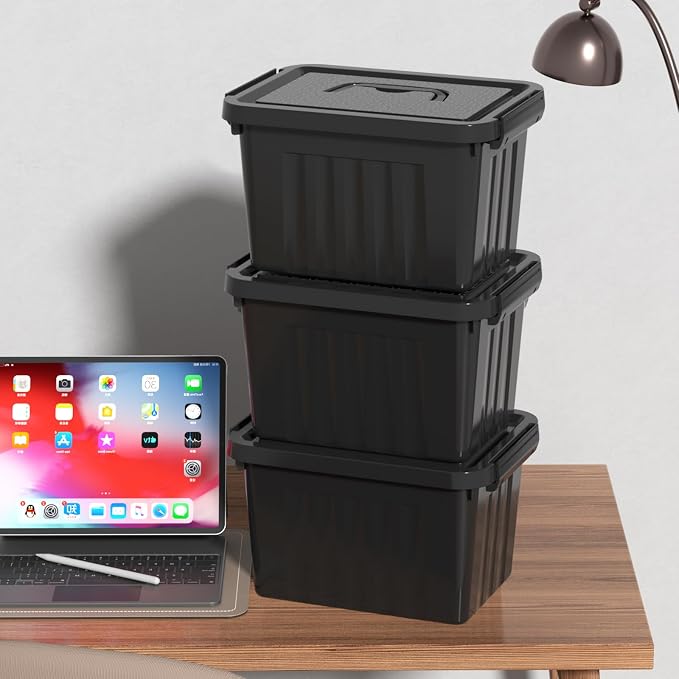 6 Quart Plastic Storage Bins, Latching Box with Handle, 6 Packs | Black Small Latch Tote Container with Lid