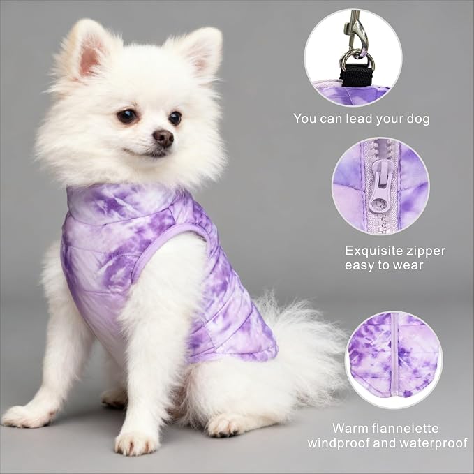 Idepet Pet Dog Cat Coat with Leash Anchor Color Patchwork Padded Puppy Vest Jacket Teddy Chihuahua Costumes Pug Cloth XS S M L(X-Small,Purple Tie-dye)