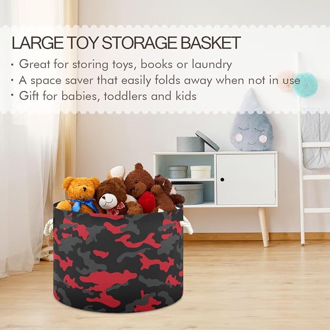 Red Black Camo Print Collapsible Round Storage Basket with Handles | Hunter Camouflage Large Laundry Baskets Hamper, Clothes Organizer Bin for Bedroom Living Room Decor, 20x 20x 14 Inches