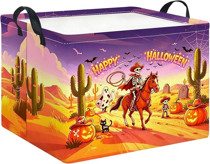 Rectangle Storage Basket with Handles,Collapsible Storage Bin,Books Box,Gift Basket(Cowboy Halloween)
