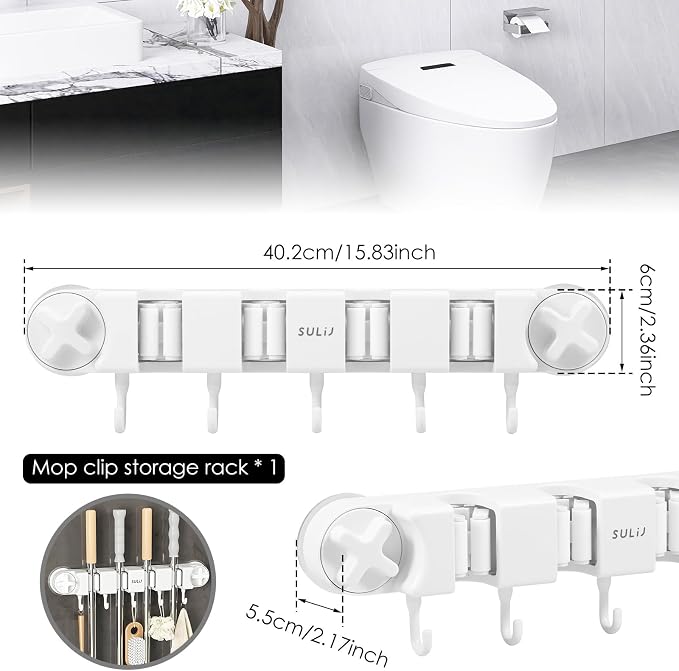 Broom Holder Wall Mount Sturdy Mop and Broom Organizer with 4 Racks and 5 Hooks Vacuum Suction Cup Broom Mop Holder for Home, kitchen, Garden, Tools, Garage