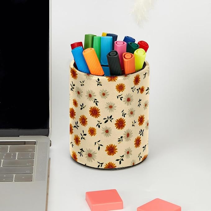 Faux Leather Pen Holder for Desk, Pencil Organizer Daisy Pen Cup Desk Decor Makeup Brush Holder Storage for Office Home