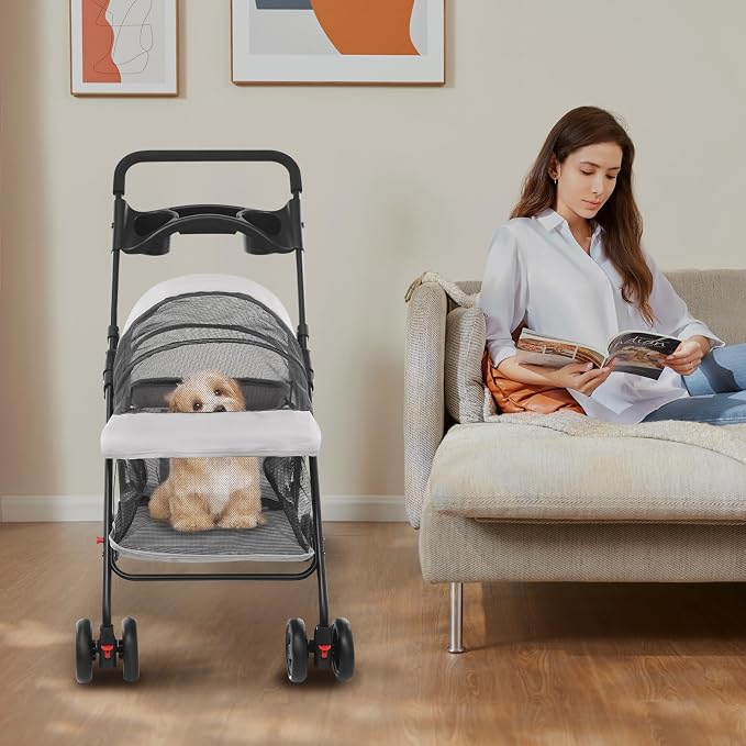 Foldable Pet Stroller for Small Medium Dogs Cats, 40lb Capacity, Breathable | Mesh, Large Basket, Cup Holder, Oxford Cloth, Lightweight Portable Cart, Easy Storage, Gray