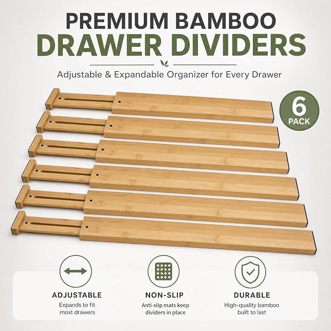 6 Pack Wood Drawer Dividers - Expandable Wooden Drawer Separators for Kitchen Utensils Dresser Wardrobe