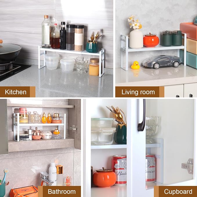 Small Expandable Medicine Cabinet Shelf, 3.58” Wide Metal Storage Stand with Adjustable Layers & Non-Slip Pads for Kitchen, Pantry, & Bathroom – White