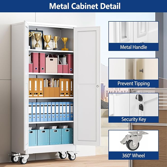 Ckzbx Metal Garage Storage Cabinet with Locking Doors and Adjustable Shelves,71" H Rolling Tool Storage with Wheels for Garage,Office (White)