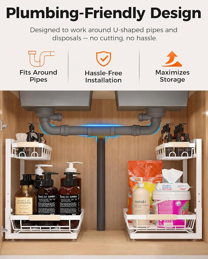 2-Pack 2-Tier Height Adjustable Under Sink Organizer & Storage | Multi-purpose storage for kitchen & bathroom cabinet. Extra Large white shelf, height adjustable design for space-saving.