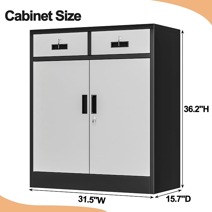 Wanfu Metal Storage Cabinet, 36" H Locking Storage Cabinet with 2 Drawers and Adjustable Shelf, Metal Cabinets for Office, Garage, Home-Black and Silver