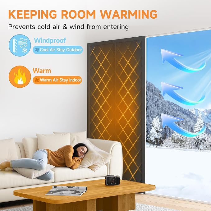 Magnetic Thermal Insulated Door Curtain for Winter Fits Door Size 32" x 80", Temporary Thermal Door Cover for Cold with Thickened Cotton, Window Insulation Kit for Sliding Glass Doorways-Black