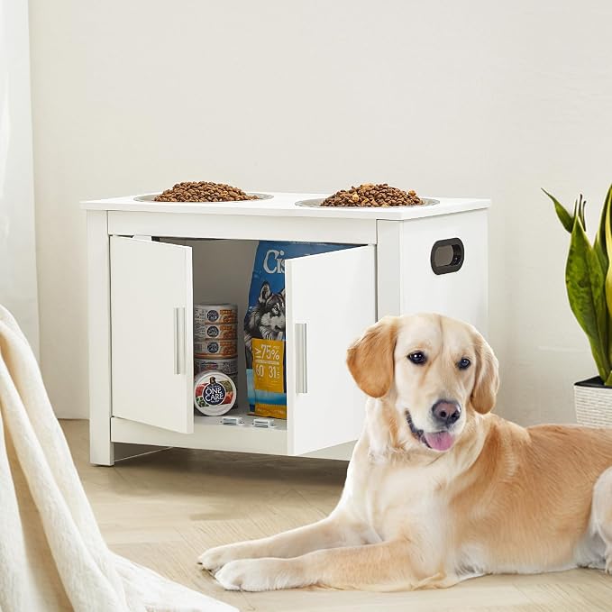 VEVOR Elevated Pet Bowls with Storage Cabinet, Feeding Station with 2 Raised Bowls, Wooden Stand with Handles & Magnetic Doors, Pet Feeder & Toy Organizer, White
