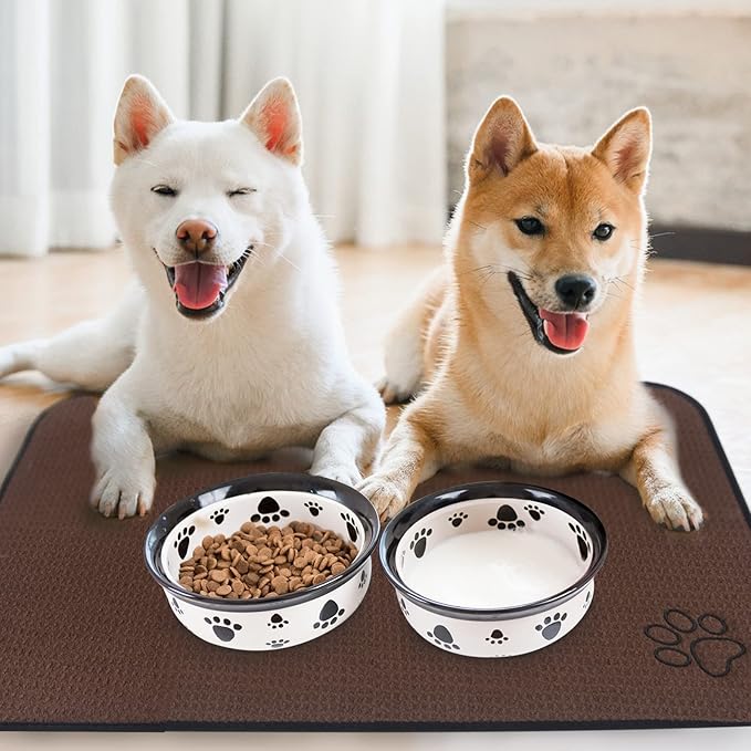 SINLAND Microfiber Extra-Large Pet Food Mat Dish Drying Mat Dog Feeding Mats Pet Bowl Mat with Anti-Skid Backing 21 Inch x 32 Inch Brown