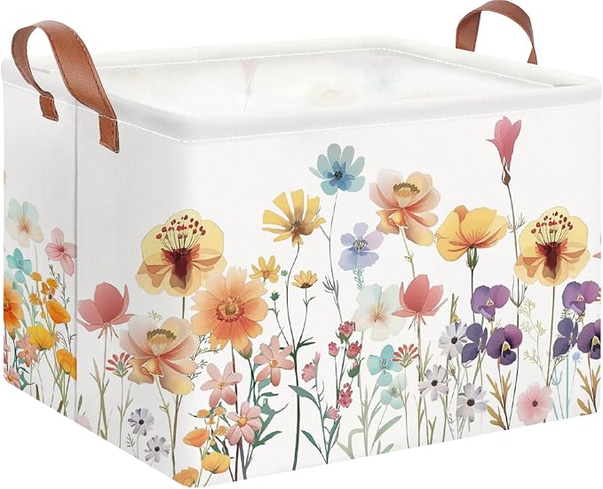 NTAOHAMPER Boho Flower Nursery Basket ,Fall Wildflower Storage Bin with Handles for Your Baby and Lover to Load Your Love into it(Flower)