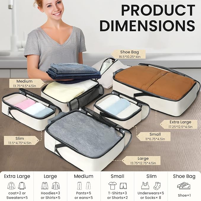 BAGAIL 4 Set/6 Set/8 Set Compression Packing Cubes Travel Accessories Expandable Packing Organizers (Half Mesh, 6-Beige)