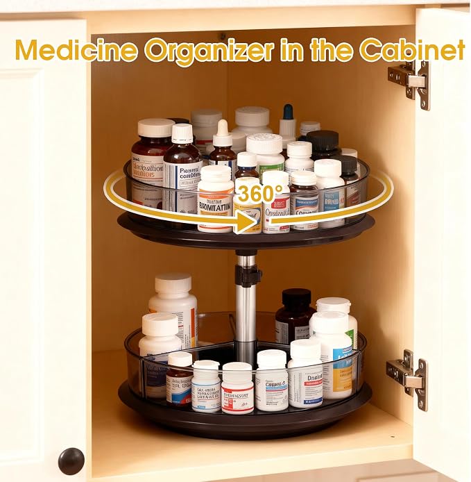 2 Tier Medicine Cabinet Organizer, Rotary Turntable Organizer for Medicine and Vitamin Bottles, Under Sink Organizer for Medicine, Bathroom Cabinet Storage, Tray has Removable Dividers, Easy Assembly